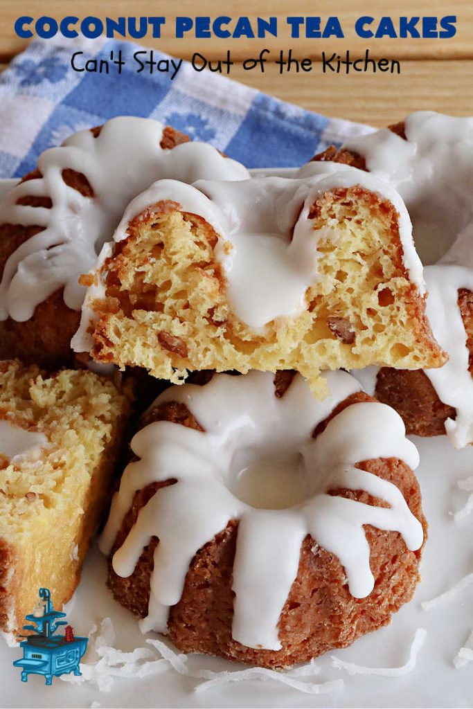 Coconut Pecan Tea Cakes | Can't Stay Out of the Kitchen | these adorable #TeaCakes are perfect for family get-togethers or #holiday #baking. If you enjoy #coconut and #pecans these miniature #Bundt #cakes will cure every sweet tooth craving. #cake #dessert #HolidayDessert #CoconutDessert #CoconutPecanTeaCakes