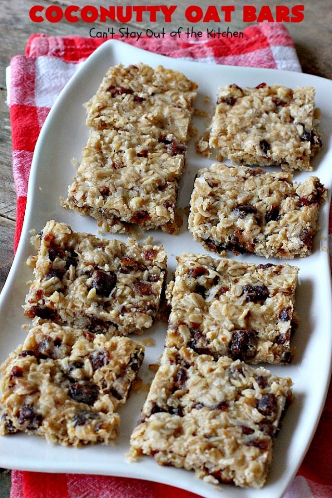 Coconutty Oat Bars | Can't Stay Out of the Kitchen | these heavenly bar-type #cookies are filled with #dates, #coconut, #oatmeal & #pecans. They're deliciously chewy & wonderful for #holiday or #tailgating parties. #dessert #CoconutDessert #HolidayDessert #ChristmasCookieExchange
