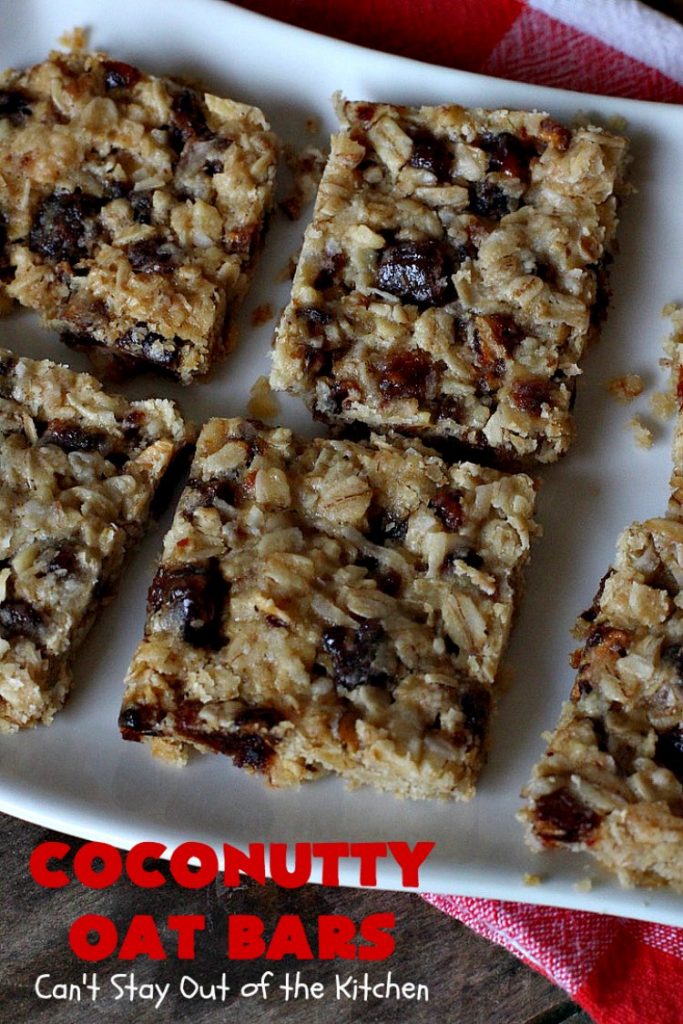 Coconutty Oat Bars | Can't Stay Out of the Kitchen | these heavenly bar-type #cookies are filled with #dates, #coconut, #oatmeal & #pecans. They're deliciously chewy & wonderful for #holiday or #tailgating parties. #dessert #CoconutDessert #HolidayDessert #ChristmasCookieExchange