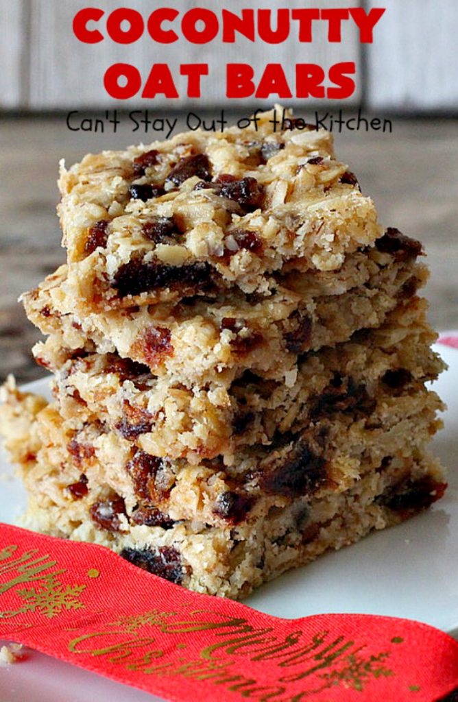Coconutty Oat Bars | Can't Stay Out of the Kitchen | these heavenly bar-type #cookies are filled with #dates, #coconut, #oatmeal & #pecans. They're deliciously chewy & wonderful for #holiday or #tailgating parties. #dessert #CoconutDessert #HolidayDessert #ChristmasCookieExchange