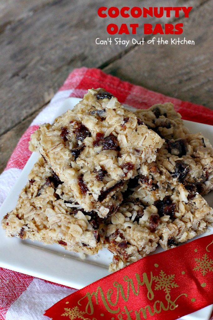 Coconutty Oat Bars | Can't Stay Out of the Kitchen | these heavenly bar-type #cookies are filled with #dates, #coconut, #oatmeal & #pecans. They're deliciously chewy & wonderful for #holiday or #tailgating parties. #dessert #CoconutDessert #HolidayDessert #ChristmasCookieExchange