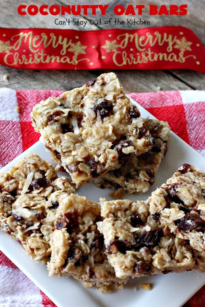 Coconutty Oat Bars | Can't Stay Out of the Kitchen | these heavenly bar-type #cookies are filled with #dates, #coconut, #oatmeal & #pecans. They're deliciously chewy & wonderful for #holiday or #tailgating parties. #dessert #CoconutDessert #HolidayDessert #ChristmasCookieExchange