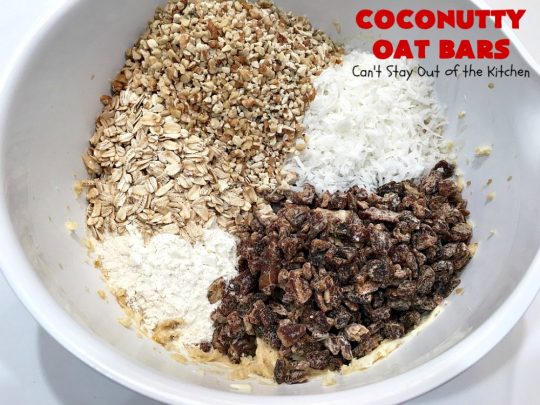 Coconutty Oat Bars | Can't Stay Out of the Kitchen | these heavenly bar-type #cookies are filled with #dates, #coconut, #oatmeal & #pecans. They're deliciously chewy & wonderful for #holiday or #tailgating parties. #dessert #CoconutDessert #HolidayDessert #ChristmasCookieExchange