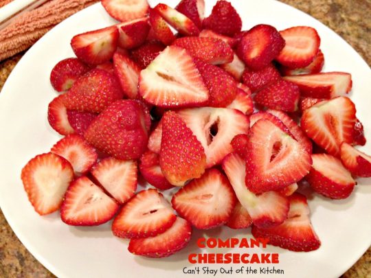 Company Cheesecake | Can't Stay Out of the Kitchen | this amazing #cheesecake comes with either a #Strawberry or #cherry topping. It's perfect for #holiday parties & #Christmas or #ValentinesDay dinner. #dessert