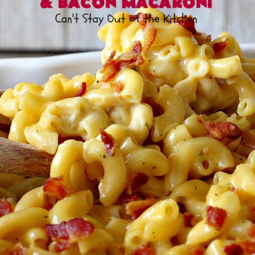 Company Triple Cheese and Bacon Macaroni | Can't Stay Out of the Kitchen | this fantastic #macandcheese #recipe is perfect for company dinners since it's kid-friendly and makes two huge #casseroles. It's loaded with #bacon and three different kinds of #cheese. Terrific #fall comfort food. #cheddarcheese #Velveeta #pasta #macaroniandcheese