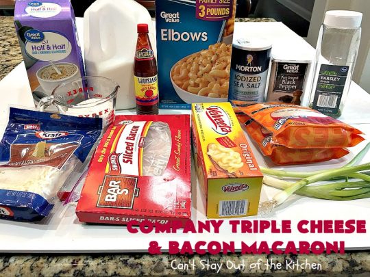 Company Triple Cheese and Bacon Macaroni | Can't Stay Out of the Kitchen | this fantastic #macandcheese #recipe is perfect for company dinners since it's kid-friendly and makes two huge #casseroles. It's loaded with #bacon and three different kinds of #cheese. Terrific #fall comfort food. #cheddarcheese #Velveeta #pasta #macaroniandcheese