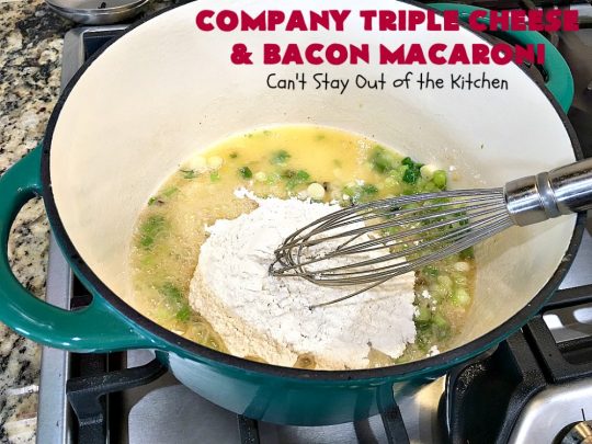Company Triple Cheese and Bacon Macaroni | Can't Stay Out of the Kitchen | this fantastic #macandcheese #recipe is perfect for company dinners since it's kid-friendly and makes two huge #casseroles. It's loaded with #bacon and three different kinds of #cheese. Terrific #fall comfort food. #cheddarcheese #Velveeta #pasta #macaroniandcheese