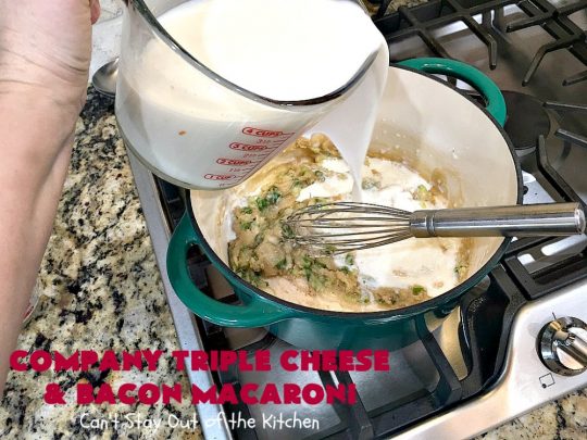 Company Triple Cheese and Bacon Macaroni | Can't Stay Out of the Kitchen | this fantastic #macandcheese #recipe is perfect for company dinners since it's kid-friendly and makes two huge #casseroles. It's loaded with #bacon and three different kinds of #cheese. Terrific #fall comfort food. #cheddarcheese #Velveeta #pasta #macaroniandcheese