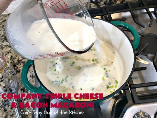 Company Triple Cheese and Bacon Macaroni | Can't Stay Out of the Kitchen | this fantastic #macandcheese #recipe is perfect for company dinners since it's kid-friendly and makes two huge #casseroles. It's loaded with #bacon and three different kinds of #cheese. Terrific #fall comfort food. #cheddarcheese #Velveeta #pasta #macaroniandcheese