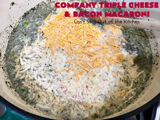 Company Triple Cheese and Bacon Macaroni | Can't Stay Out of the Kitchen | this fantastic #macandcheese #recipe is perfect for company dinners since it's kid-friendly and makes two huge #casseroles. It's loaded with #bacon and three different kinds of #cheese. Terrific #fall comfort food. #cheddarcheese #Velveeta #pasta #macaroniandcheese