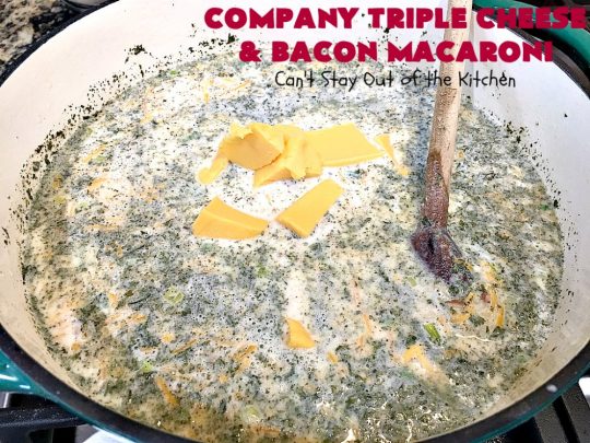 Company Triple Cheese and Bacon Macaroni | Can't Stay Out of the Kitchen | this fantastic #macandcheese #recipe is perfect for company dinners since it's kid-friendly and makes two huge #casseroles. It's loaded with #bacon and three different kinds of #cheese. Terrific #fall comfort food. #cheddarcheese #Velveeta #pasta #macaroniandcheese