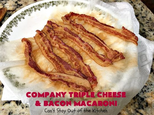 Company Triple Cheese and Bacon Macaroni | Can't Stay Out of the Kitchen | this fantastic #macandcheese #recipe is perfect for company dinners since it's kid-friendly and makes two huge #casseroles. It's loaded with #bacon and three different kinds of #cheese. Terrific #fall comfort food. #cheddarcheese #Velveeta #pasta #macaroniandcheese