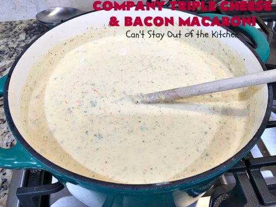 Company Triple Cheese and Bacon Macaroni | Can't Stay Out of the Kitchen | this fantastic #macandcheese #recipe is perfect for company dinners since it's kid-friendly and makes two huge #casseroles. It's loaded with #bacon and three different kinds of #cheese. Terrific #fall comfort food. #cheddarcheese #Velveeta #pasta #macaroniandcheese