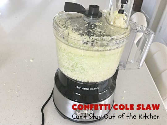 Confetti Cole Slaw | Can't Stay Out of the Kitchen | this is one of the BEST #ColeSlaw #recipes I've ever had! This one includes #cabbage, #carrots #pineapple, #celery & four kinds of #BellPeppers. The colors remind you of #confetti! And the flavor is irresistible with the sweet #ColeSlawDressing the #salad is paired with. Great for potlucks, summer #holiday fare or backyard BBQs. #ConfettiColeSlaw #GlutenFree