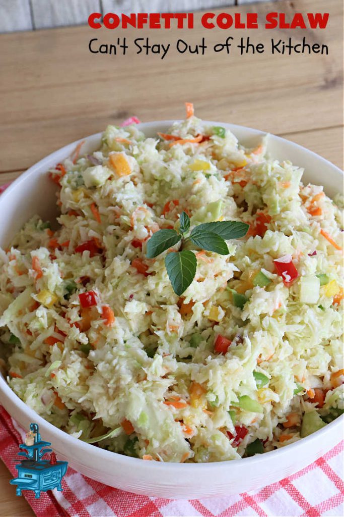 Confetti Cole Slaw | Can't Stay Out of the Kitchen | this is one of the BEST #ColeSlaw #recipes I've ever had! This one includes #cabbage, #carrots #pineapple, #celery & four kinds of #BellPeppers. The colors remind you of #confetti! And the flavor is irresistible with the sweet #ColeSlawDressing the #salad is paired with. Great for potlucks, summer #holiday fare or backyard BBQs. #ConfettiColeSlaw #GlutenFree