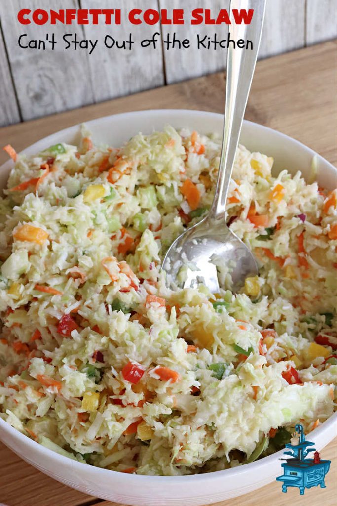 Confetti Cole Slaw | Can't Stay Out of the Kitchen | this is one of the BEST #ColeSlaw #recipes I've ever had! This one includes #cabbage, #carrots #pineapple, #celery & four kinds of #BellPeppers. The colors remind you of #confetti! And the flavor is irresistible with the sweet #ColeSlawDressing the #salad is paired with. Great for potlucks, summer #holiday fare or backyard BBQs. #ConfettiColeSlaw #GlutenFree