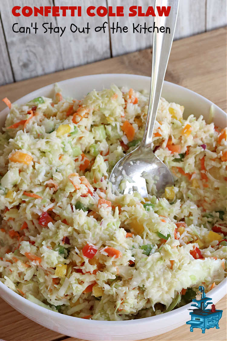 Confetti Cole Slaw | Can't Stay Out of the Kitchen | this is one of the BEST #ColeSlaw #recipes I've ever had! This one includes #cabbage, #carrots #pineapple, #celery & four kinds of #BellPeppers. The colors remind you of #confetti! And the flavor is irresistible with the sweet #ColeSlawDressing the #salad is paired with. Great for potlucks, summer #holiday fare or backyard BBQs. #ConfettiColeSlaw #GlutenFree