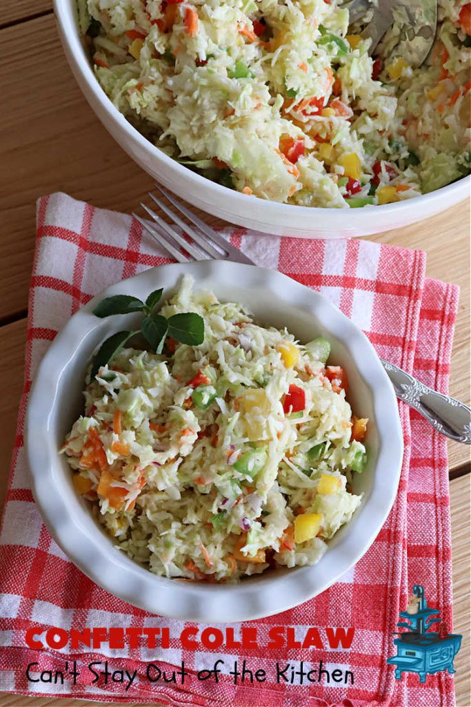 Confetti Cole Slaw | Can't Stay Out of the Kitchen | this is one of the BEST #ColeSlaw #recipes I've ever had! This one includes #cabbage, #carrots #pineapple, #celery & four kinds of #BellPeppers. The colors remind you of #confetti! And the flavor is irresistible with the sweet #ColeSlawDressing the #salad is paired with. Great for potlucks, summer #holiday fare or backyard BBQs. #ConfettiColeSlaw #GlutenFree