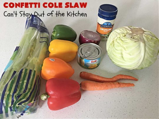 Confetti Cole Slaw | Can't Stay Out of the Kitchen | this is one of the BEST #ColeSlaw #recipes I've ever had! This one includes #cabbage, #carrots #pineapple, #celery & four kinds of #BellPeppers. The colors remind you of #confetti! And the flavor is irresistible with the sweet #ColeSlawDressing the #salad is paired with. Great for potlucks, summer #holiday fare or backyard BBQs. #ConfettiColeSlaw #GlutenFree