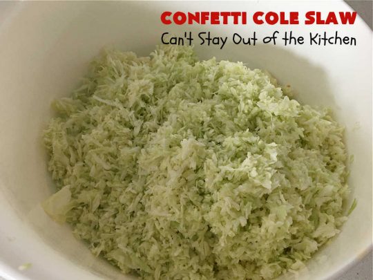 Confetti Cole Slaw | Can't Stay Out of the Kitchen | this is one of the BEST #ColeSlaw #recipes I've ever had! This one includes #cabbage, #carrots #pineapple, #celery & four kinds of #BellPeppers. The colors remind you of #confetti! And the flavor is irresistible with the sweet #ColeSlawDressing the #salad is paired with. Great for potlucks, summer #holiday fare or backyard BBQs. #ConfettiColeSlaw #GlutenFree