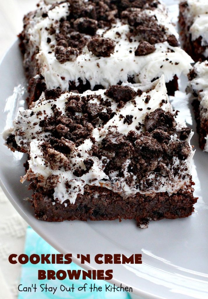 Cookies 'n Creme Brownies | Can't Stay Out of the Kitchen | these heavenly #brownies are rich, decadent & divine! The #brownie layer includes Oreos & vanilla buttercream frosting. Plus there's more frosting on top plus #Oreos. You'll be drooling after the first bite! #Chocolate #ChocolateDessert #OreoDessert #dessert #recipe #5IngredientRecipe #EasyChocolateDessert #EasyOreoDessert #ValentinesDay #ValentinesDayDessert