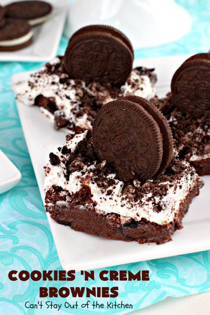 Cookies 'n Creme Brownies | Can't Stay Out of the Kitchen | these heavenly #brownies are rich, decadent & divine! The #brownie layer includes Oreos & vanilla buttercream frosting. Plus there's more frosting on top plus #Oreos. You'll be drooling after the first bite! #Chocolate #ChocolateDessert #OreoDessert #dessert #recipe #5IngredientRecipe #EasyChocolateDessert #EasyOreoDessert #ValentinesDay #ValentinesDayDessert