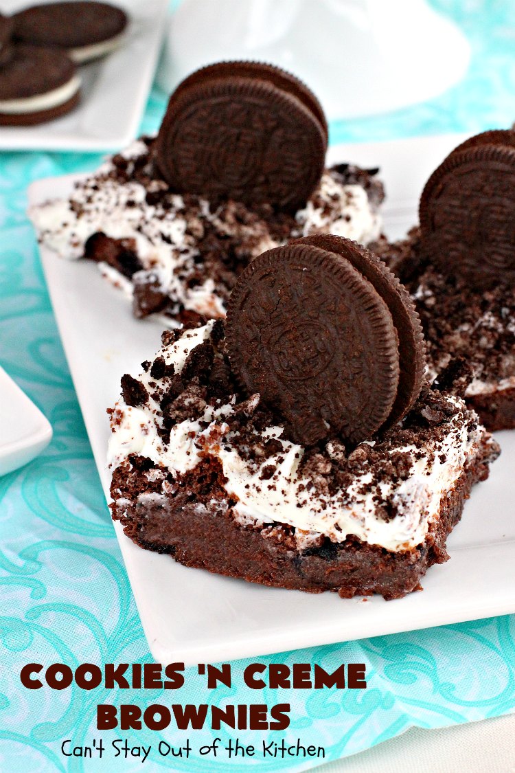 Cookies 'n Creme Brownies | Can't Stay Out of the Kitchen | these heavenly #brownies are rich, decadent & divine! The #brownie layer includes Oreos & vanilla buttercream frosting. Plus there's more frosting on top plus #Oreos. You'll be drooling after the first bite! #Chocolate #ChocolateDessert #OreoDessert #dessert #recipe #5IngredientRecipe #EasyChocolateDessert #EasyOreoDessert #ValentinesDay #ValentinesDayDessert