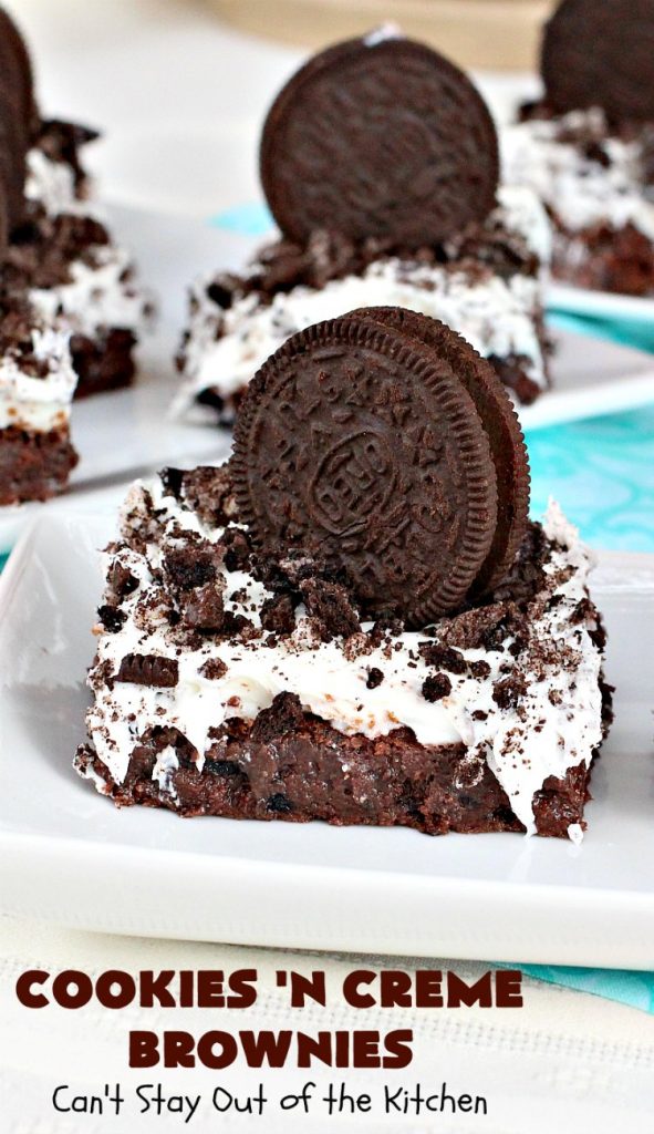 Cookies 'n Creme Brownies | Can't Stay Out of the Kitchen | these heavenly #brownies are rich, decadent & divine! The #brownie layer includes Oreos & vanilla buttercream frosting. Plus there's more frosting on top plus #Oreos. You'll be drooling after the first bite! #Chocolate #ChocolateDessert #OreoDessert #dessert #recipe #5IngredientRecipe #EasyChocolateDessert #EasyOreoDessert #ValentinesDay #ValentinesDayDessert