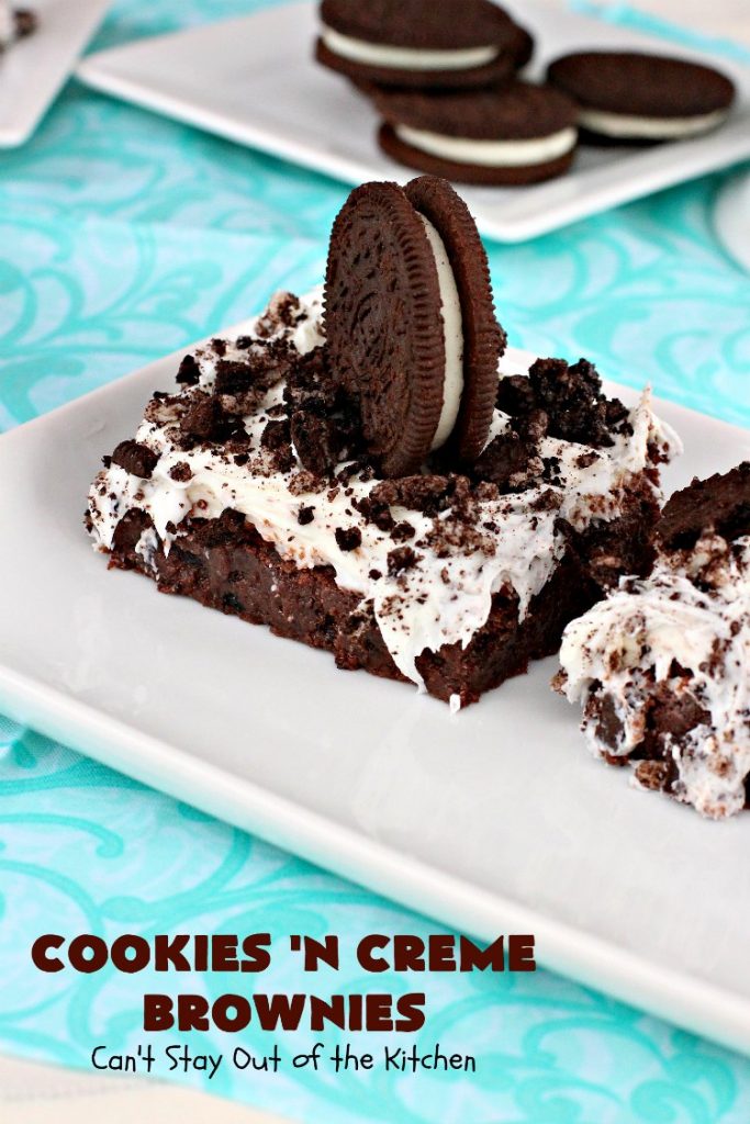 Cookies 'n Creme Brownies | Can't Stay Out of the Kitchen | these heavenly #brownies are rich, decadent & divine! The #brownie layer includes Oreos & vanilla buttercream frosting. Plus there's more frosting on top plus #Oreos. You'll be drooling after the first bite! #Chocolate #ChocolateDessert #OreoDessert #dessert #recipe #5IngredientRecipe #EasyChocolateDessert #EasyOreoDessert #ValentinesDay #ValentinesDayDessert