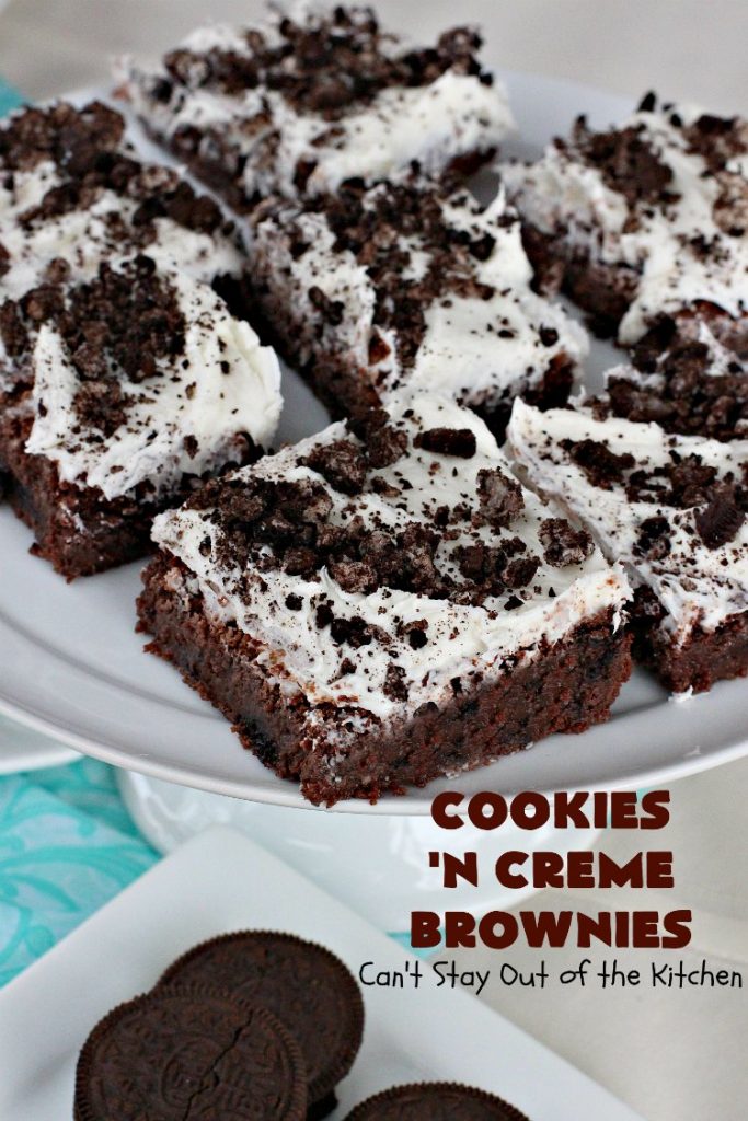 Cookies 'n Creme Brownies | Can't Stay Out of the Kitchen | these heavenly #brownies are rich, decadent & divine! The #brownie layer includes Oreos & vanilla buttercream frosting. Plus there's more frosting on top plus #Oreos. You'll be drooling after the first bite! #Chocolate #ChocolateDessert #OreoDessert #dessert #recipe #5IngredientRecipe #EasyChocolateDessert #EasyOreoDessert #ValentinesDay #ValentinesDayDessert