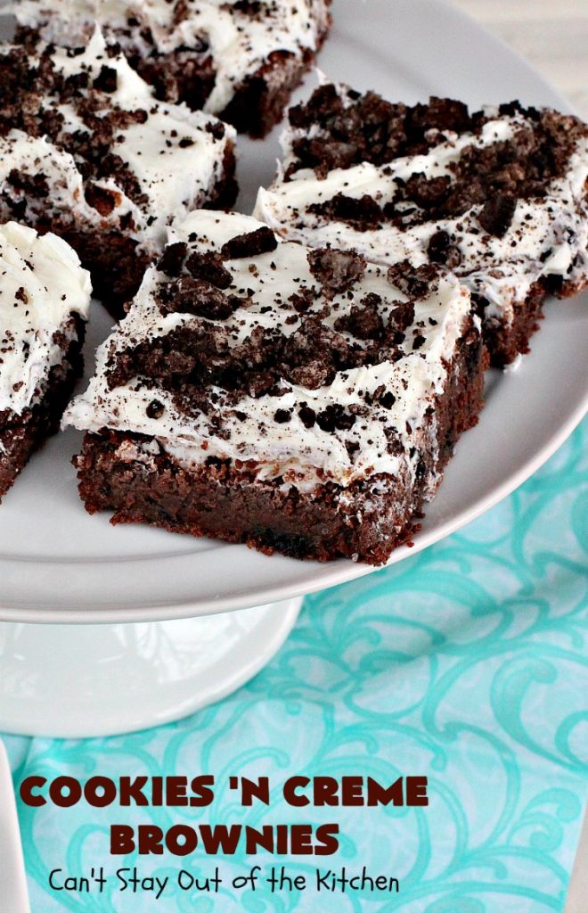 Cookies 'n Creme Brownies | Can't Stay Out of the Kitchen | these heavenly #brownies are rich, decadent & divine! The #brownie layer includes Oreos & vanilla buttercream frosting. Plus there's more frosting on top plus #Oreos. You'll be drooling after the first bite! #Chocolate #ChocolateDessert #OreoDessert #dessert #recipe #5IngredientRecipe #EasyChocolateDessert #EasyOreoDessert #ValentinesDay #ValentinesDayDessert