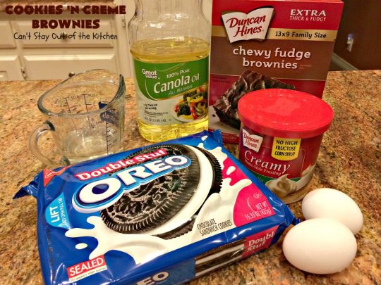 Cookies 'n Creme Brownies | Can't Stay Out of the Kitchen | these heavenly #brownies are rich, decadent & divine! The #brownie layer includes Oreos & vanilla buttercream frosting. Plus there's more frosting on top plus #Oreos. You'll be drooling after the first bite! #Chocolate #ChocolateDessert #OreoDessert #dessert #recipe #5IngredientRecipe #EasyChocolateDessert #EasyOreoDessert #ValentinesDay #ValentinesDayDessert