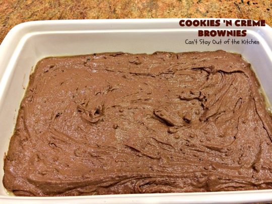 Cookies 'n Creme Brownies | Can't Stay Out of the Kitchen | these heavenly #brownies are rich, decadent & divine! The #brownie layer includes Oreos & vanilla buttercream frosting. Plus there's more frosting on top plus #Oreos. You'll be drooling after the first bite! #Chocolate #ChocolateDessert #OreoDessert #dessert #recipe #5IngredientRecipe #EasyChocolateDessert #EasyOreoDessert #ValentinesDay #ValentinesDayDessert