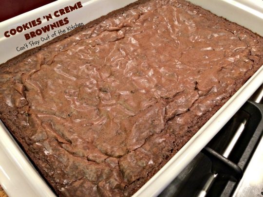 Cookies 'n Creme Brownies | Can't Stay Out of the Kitchen | these heavenly #brownies are rich, decadent & divine! The #brownie layer includes Oreos & vanilla buttercream frosting. Plus there's more frosting on top plus #Oreos. You'll be drooling after the first bite! #Chocolate #ChocolateDessert #OreoDessert #dessert #recipe #5IngredientRecipe #EasyChocolateDessert #EasyOreoDessert #ValentinesDay #ValentinesDayDessert