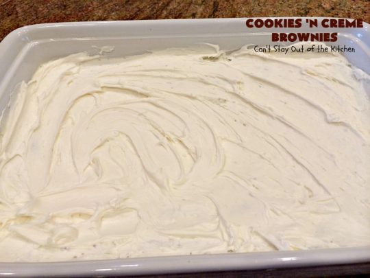 Cookies 'n Creme Brownies | Can't Stay Out of the Kitchen | these heavenly #brownies are rich, decadent & divine! The #brownie layer includes Oreos & vanilla buttercream frosting. Plus there's more frosting on top plus #Oreos. You'll be drooling after the first bite! #Chocolate #ChocolateDessert #OreoDessert #dessert #recipe #5IngredientRecipe #EasyChocolateDessert #EasyOreoDessert #ValentinesDay #ValentinesDayDessert