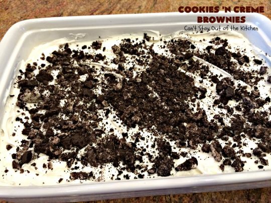 Cookies 'n Creme Brownies | Can't Stay Out of the Kitchen | these heavenly #brownies are rich, decadent & divine! The #brownie layer includes Oreos & vanilla buttercream frosting. Plus there's more frosting on top plus #Oreos. You'll be drooling after the first bite! #Chocolate #ChocolateDessert #OreoDessert #dessert #recipe #5IngredientRecipe #EasyChocolateDessert #EasyOreoDessert #ValentinesDay #ValentinesDayDessert