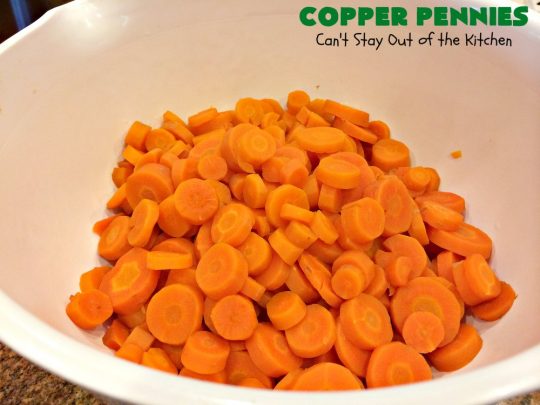 Copper Pennies | Can't Stay Out of the Kitchen | Marinated #Carrots never tasted as well as they do in this wonderful #recipe.  It's a quick & easy #SideDish that's terrific for company, #holidays, potlucks or grilling out with friends. #Easter #EasterSideDish #MothersDay #MothersDaySideDish #Holiday #potluck #HolidaySideDish #CopperPennies #MarinatedCarrots