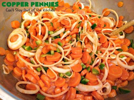 Copper Pennies | Can't Stay Out of the Kitchen | Marinated #Carrots never tasted as well as they do in this wonderful #recipe.  It's a quick & easy #SideDish that's terrific for company, #holidays, potlucks or grilling out with friends. #Easter #EasterSideDish #MothersDay #MothersDaySideDish #Holiday #potluck #HolidaySideDish #CopperPennies #MarinatedCarrots