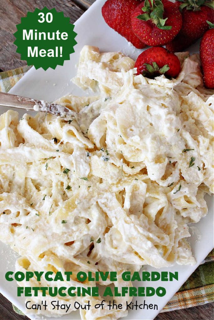 Copycat Olive Garden Fettuccine Alfredo | Can't Stay Out of the Kitchen | Enjoy #OliveGarden's #FettuccineAlfredo at home with this fantastic #CopycatRecipe. Ready in less than 30 minutes! Every bite will have you salivating for more. #noodles #pasta #fettuccine #ParmesanCheese #OliveGardenFettuccineAlfredo #CopycatOliveGardenFettuccineAlfredo