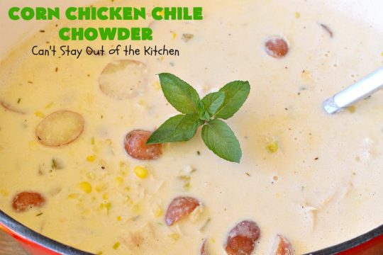 Corn Chicken Chile Chowder | Can't Stay Out of the Kitchen | this fantastic #TexMex #soup is hearty, satisfying & so filling. It's filled with Southwestern flavors that give it zest, but it's not overpowering. #corn #chicken #chowder #GreenChilies #CornChowder #GlutenFree #CornChickenChileChowder