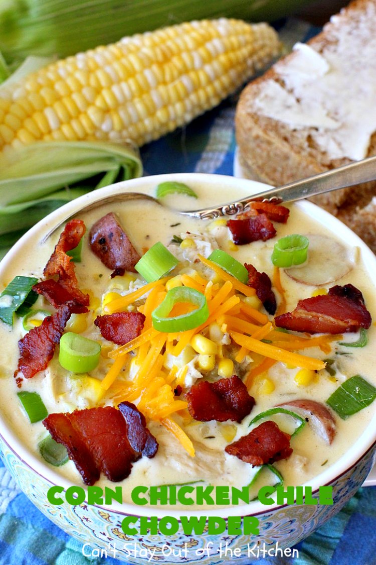 Corn Chicken Chile Chowder | Can't Stay Out of the Kitchen | this fantastic #TexMex #soup is hearty, satisfying & so filling. It's filled with Southwestern flavors that give it zest, but it's not overpowering. #corn #chicken #chowder #GreenChilies #CornChowder #GlutenFree #CornChickenChileChowder