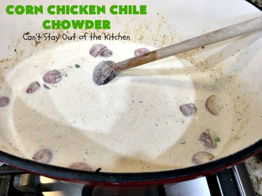 Corn Chicken Chile Chowder | Can't Stay Out of the Kitchen | this fantastic #TexMex #soup is hearty, satisfying & so filling. It's filled with Southwestern flavors that give it zest, but it's not overpowering. #corn #chicken #chowder #GreenChilies #CornChowder #GlutenFree #CornChickenChileChowder