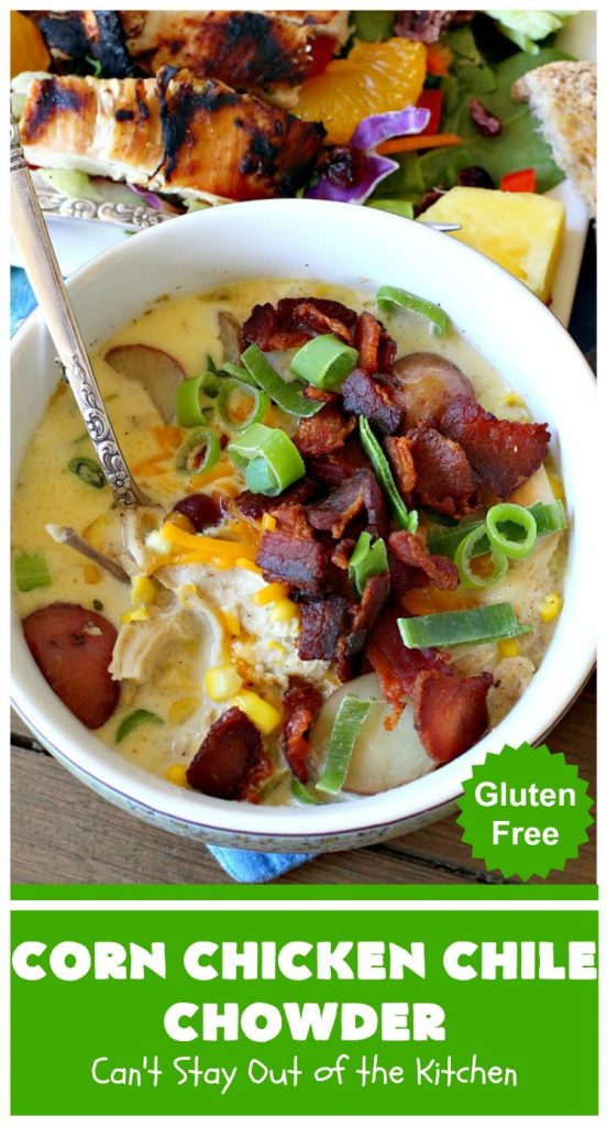 Corn Chicken Chile Chowder | Can't Stay Out of the Kitchen | this fantastic #TexMex #soup is hearty, satisfying & so filling. It's filled with Southwestern flavors that give it zest, but it's not overpowering. #corn #chicken #chowder #GreenChilies #CornChowder #GlutenFree #CornChickenChileChowder