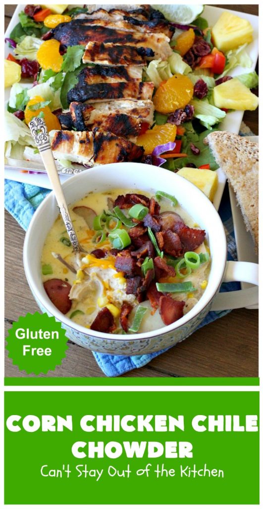 Corn Chicken Chile Chowder | Can't Stay Out of the Kitchen | this fantastic #TexMex #soup is hearty, satisfying & so filling. It's filled with Southwestern flavors that give it zest, but it's not overpowering. #corn #chicken #chowder #GreenChilies #CornChowder #GlutenFree #CornChickenChileChowder