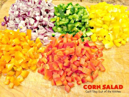 Corn Salad | Can't Stay Out of the Kitchen | This #TexMex #salad is spectacular. You can also serve it as an #appetizer dip with #Fritos scoops. It's perfect for #MemorialDay & other summer #holidays. #glutenfree