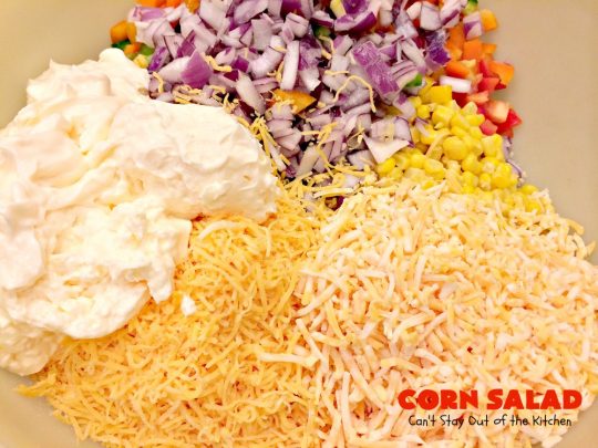 Corn Salad | Can't Stay Out of the Kitchen | This #TexMex #salad is spectacular. You can also serve it as an #appetizer dip with #Fritos scoops. It's perfect for #MemorialDay & other summer #holidays. #glutenfree