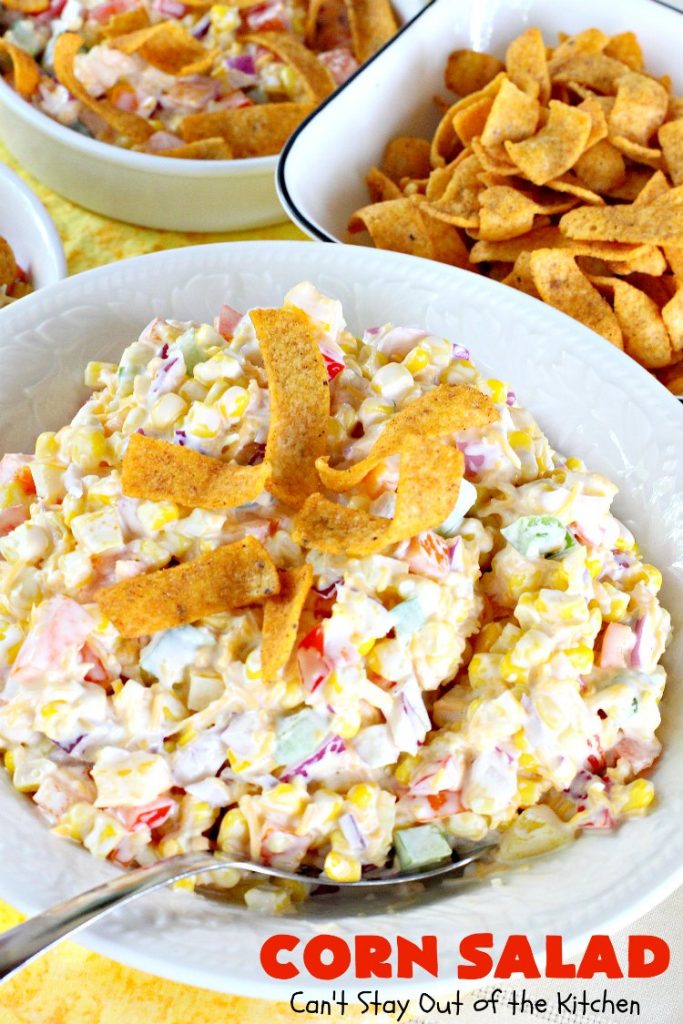Corn Salad | Can't Stay Out of the Kitchen | This #TexMex #salad is spectacular. You can also serve it as an #appetizer dip with #Fritos scoops. It's perfect for #MemorialDay & other summer #holidays. #glutenfree