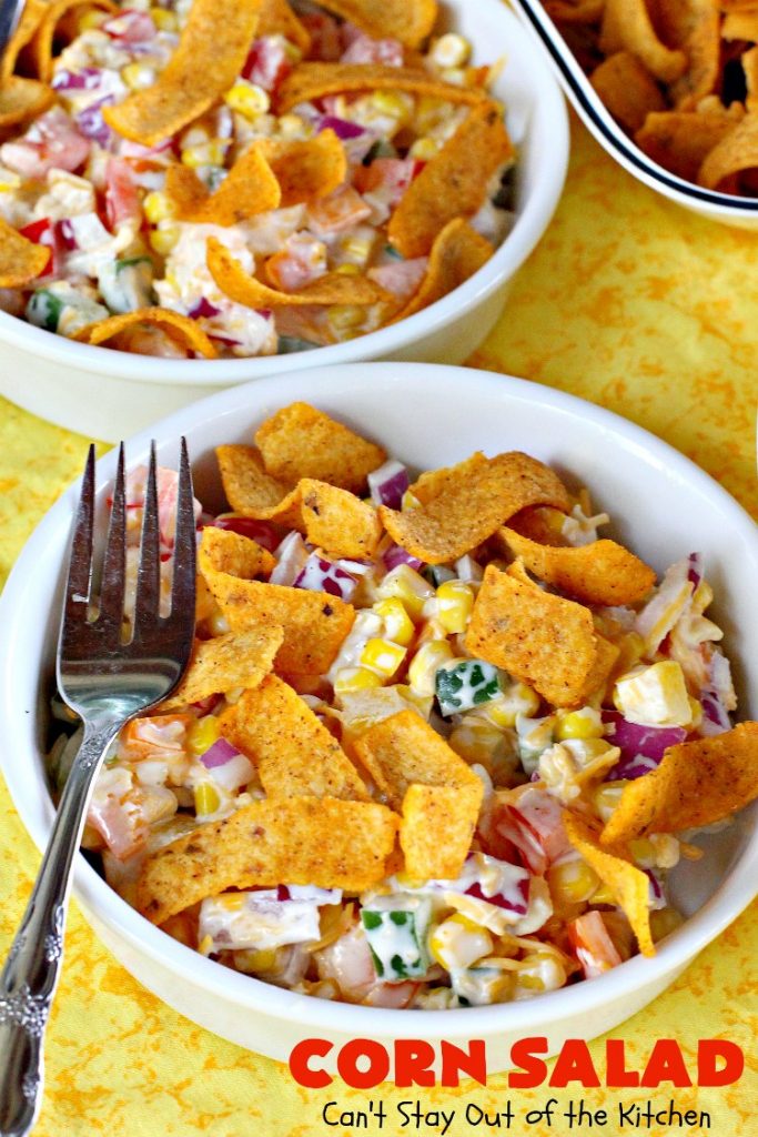 Corn Salad | Can't Stay Out of the Kitchen | This #TexMex #salad is spectacular. You can also serve it as an #appetizer dip with #Fritos scoops. It's perfect for #MemorialDay & other summer #holidays. #glutenfree