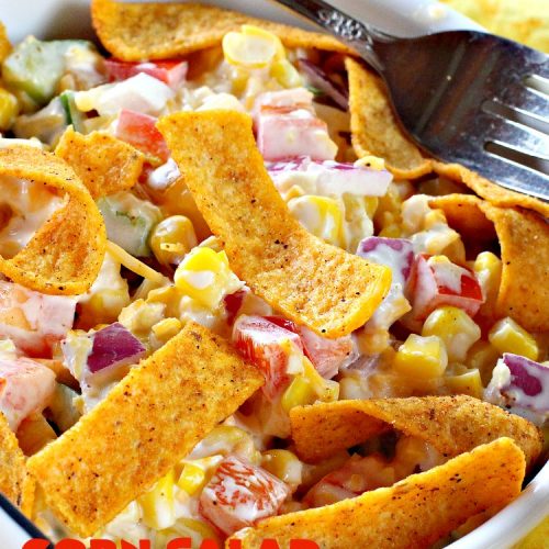 Corn Salad | Can't Stay Out of the Kitchen | This #TexMex #salad is spectacular. You can also serve it as an #appetizer dip with #Fritos scoops. It's perfect for #MemorialDay & other summer #holidays. #glutenfree