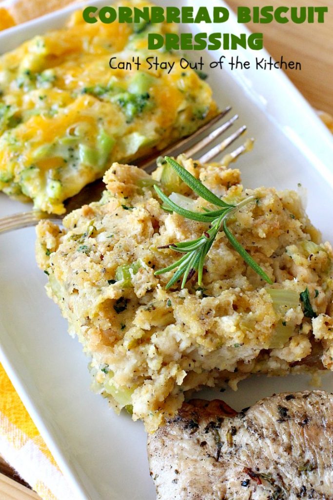 Cornbread Biscuit Dressing | Can't Stay Out of the Kitchen | This fantastic #stuffing #recipe for #turkey is made with #biscuits & #Jiffy #cornbread. Terrific side dish for #Thanksgiving or #Christmas. #TurkeyDressing #TurkeyStuffing #CornbreadBiscuitDressing #GooseberryPatch